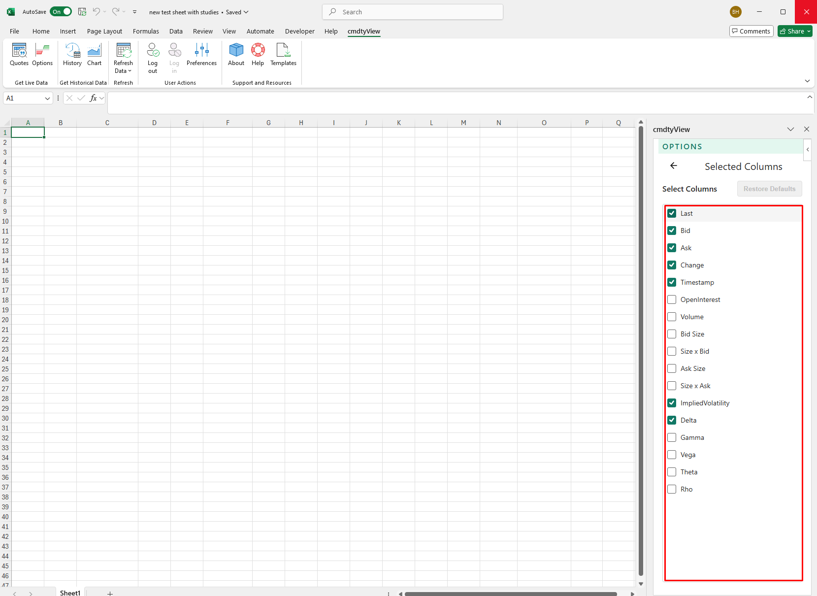 Options | cmdtyView for Excel